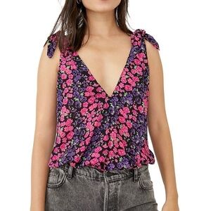 Free People Bare It All Bodysuit Floral Adjustable Tie Straps NWT